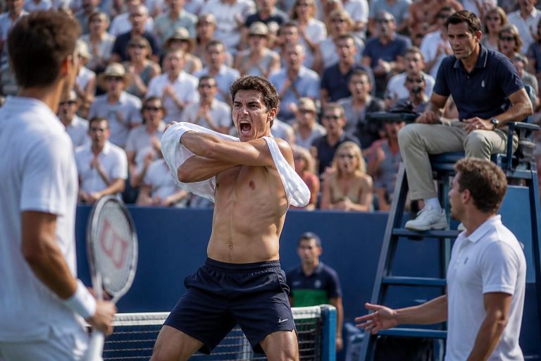 corentin moutet crée la polémique en se déshabillant sur le court lors d'un match, un geste surprenant qui lui vaut une sanction.
