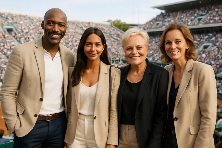 découvrez les personnalités en vue à roland-garros : harry roselmack, jennifer galap, muriel robin et anne le nen lors de cet événement sportif incontournable.