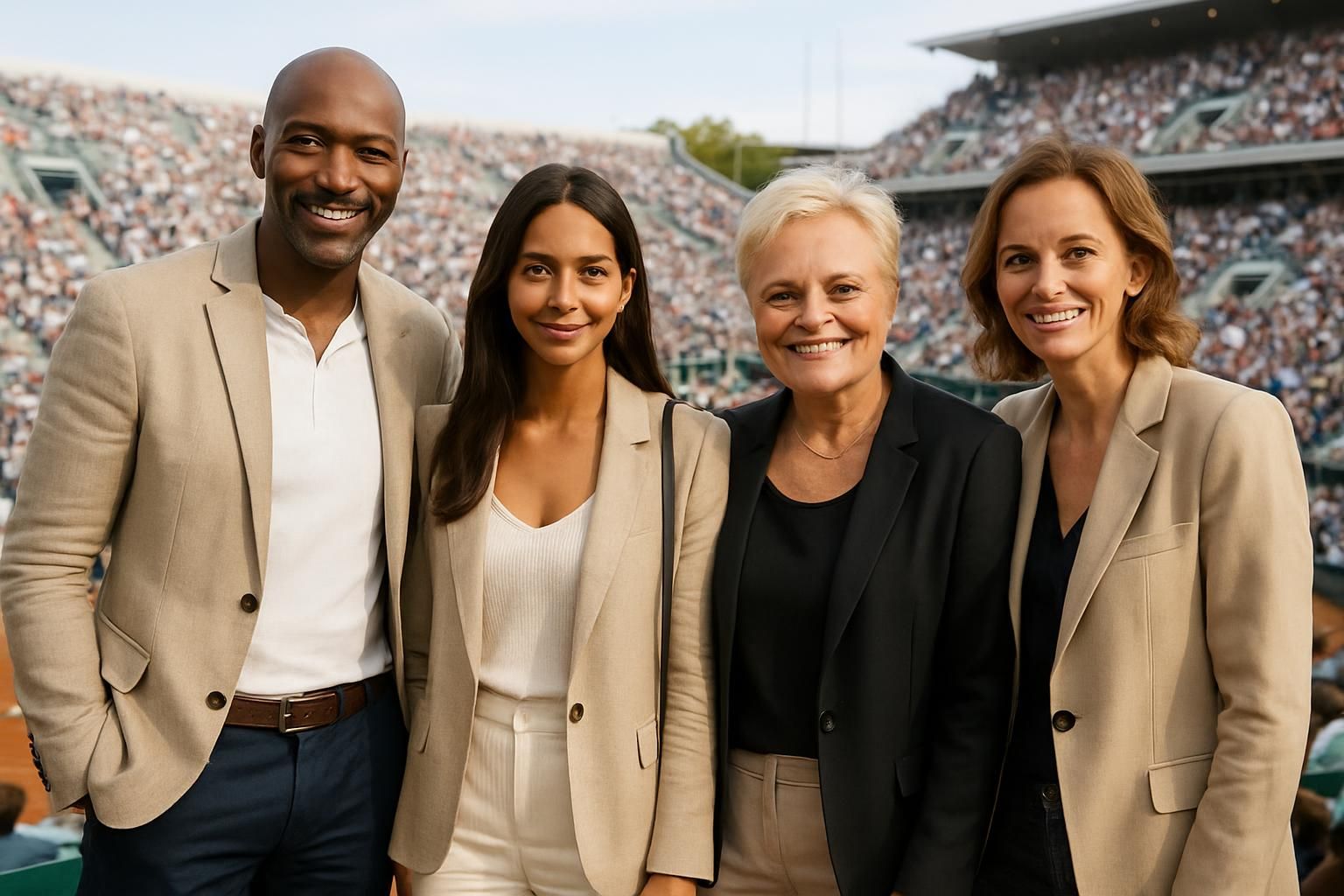 découvrez les personnalités en vue à roland-garros : harry roselmack, jennifer galap, muriel robin et anne le nen lors de cet événement sportif incontournable.